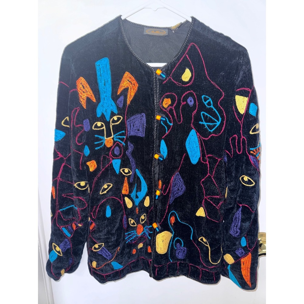 Allure Vintage Black Velvet Embroidered Abstract‎ Cat Animal Jacket Small